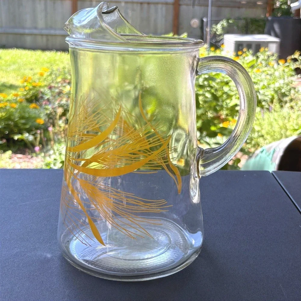 Vintage Mid Century Modern Yellow Golden Wheat Glass Pitcher with Ice Lip MCM